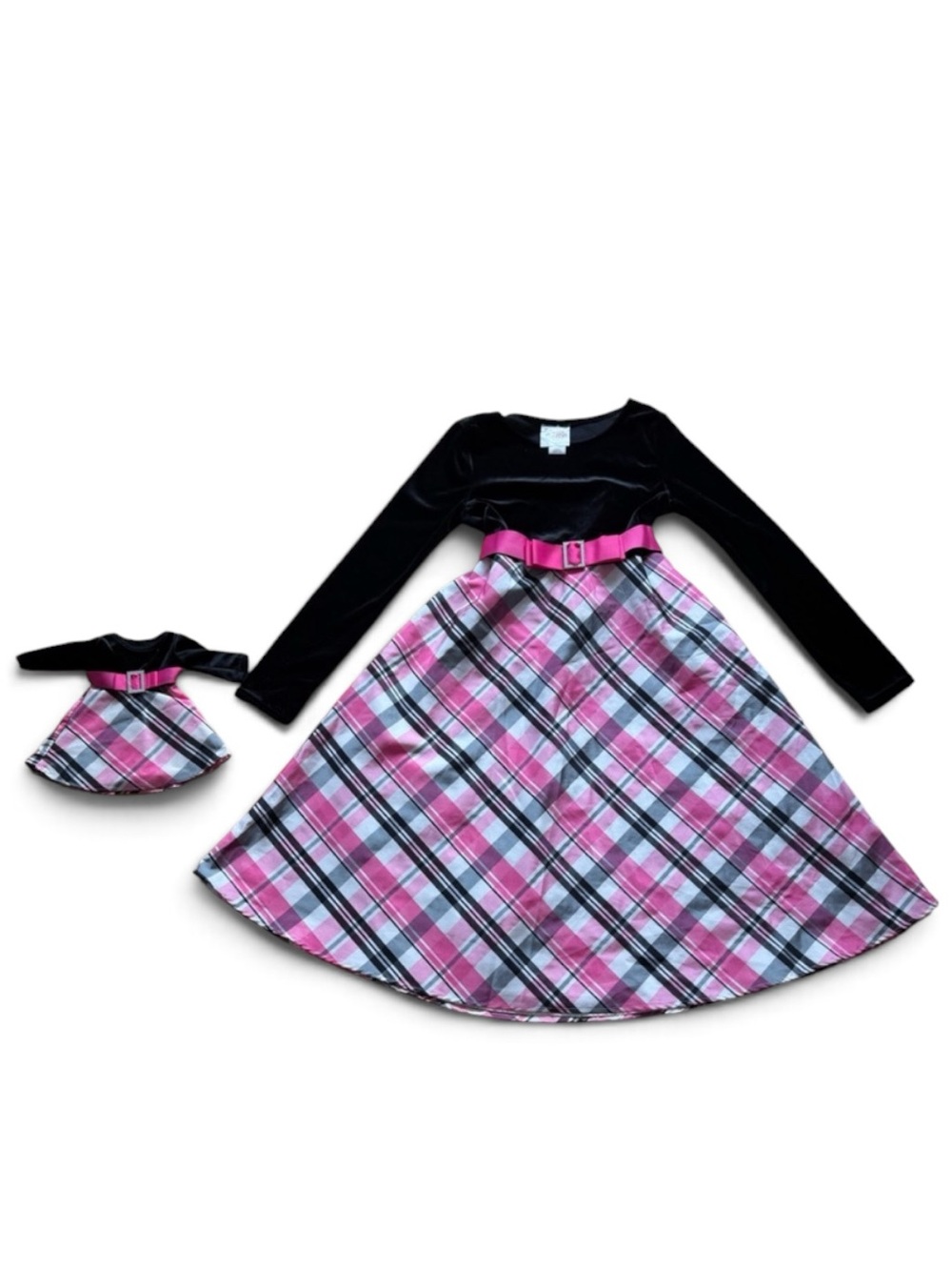Dollie & Me Black Velvet Top Pink Plaid Skirt Dress